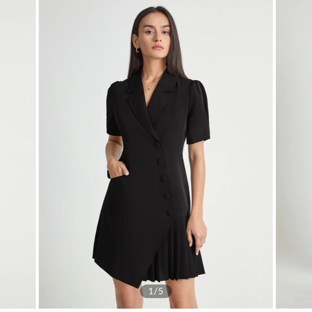 Double Breasted Multi Button Short Puff Sleeve Pleated Blazer Dress